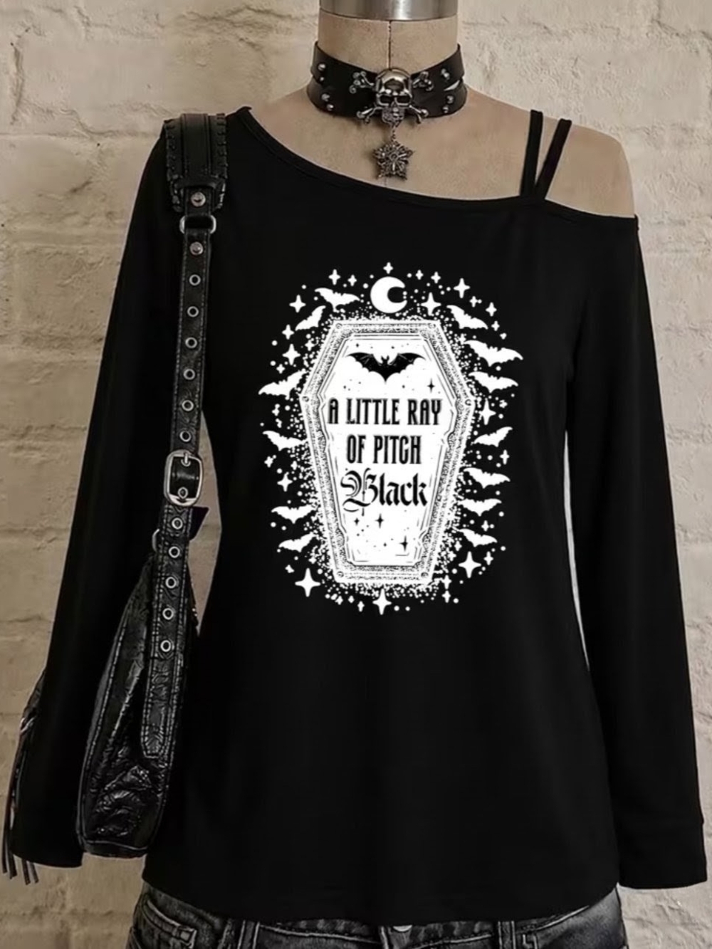 Off-Shoulder Gothic Graphic Long Sleeve Top - Black